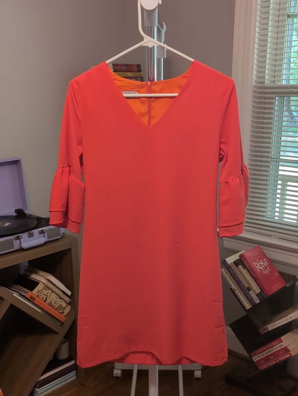 Women’s Orange V-Neck Shift Dress with Ruffle Sleeves